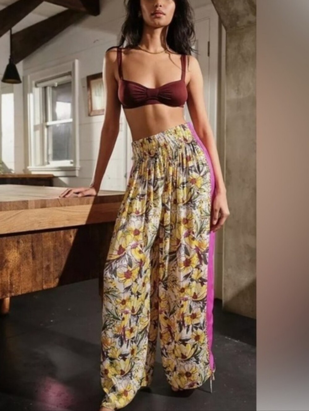 Free People In Bloom Floral Wide-Leg Drawstring Pants with Pink Side Stripe